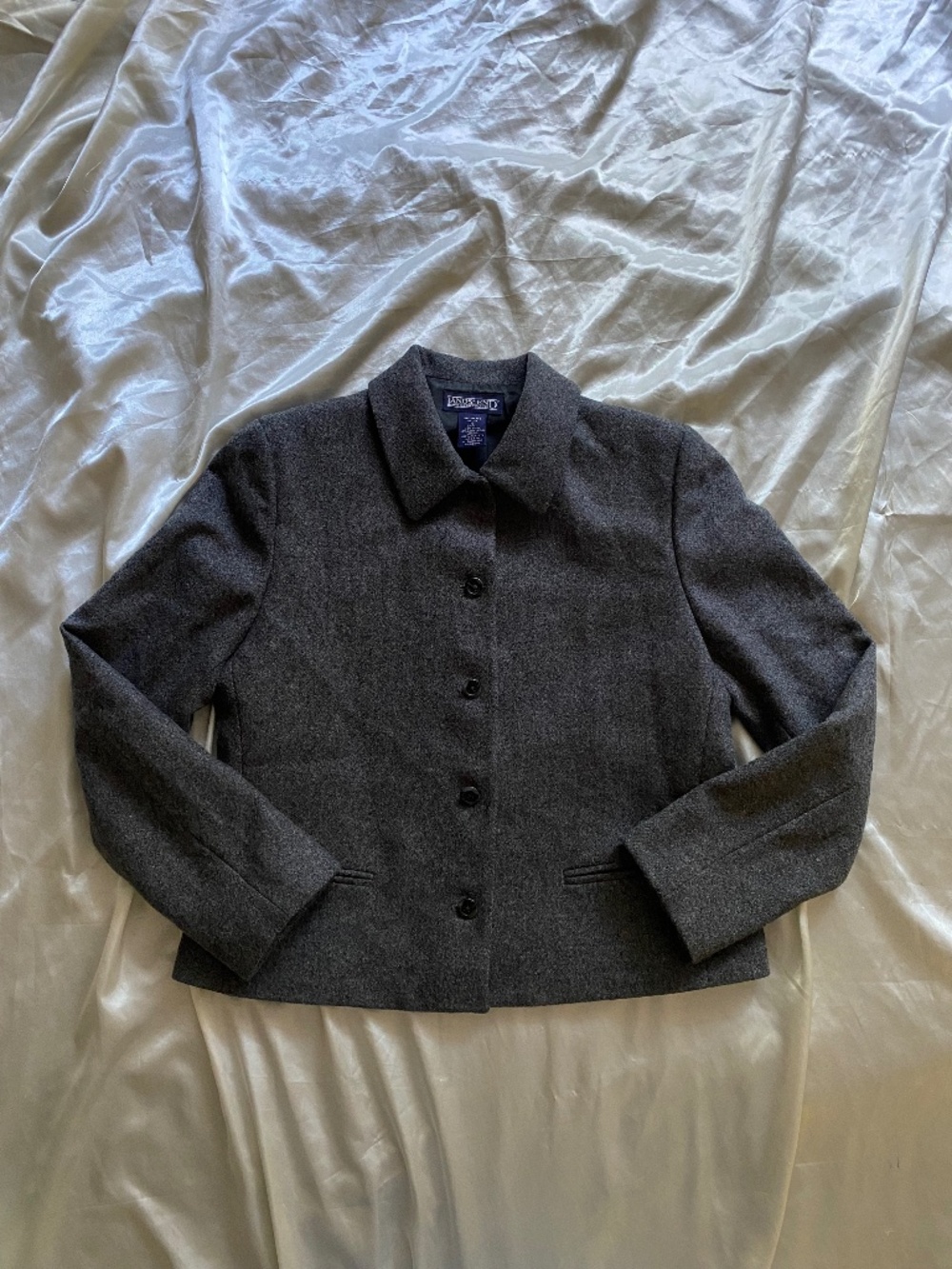 Vintage 1990s Grey Wool Boxy Short Blazer Jacket Minimalist Land's End Sz 6